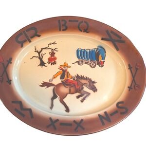 VTG Fred Roberts Western Cowboy Oval Serving Platter Tray Nasco Enamelware